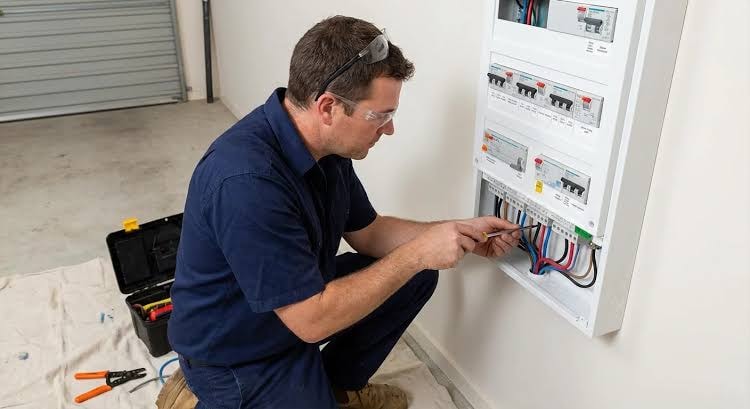 Electrician servicing a residential electrical switchboard